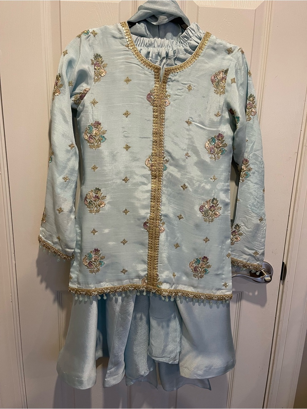 Light Blue Embroidered Girls' sharara Set with Gold Trim